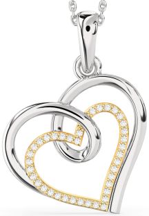 Large Diamond Silver & 10K gold Heart Necklace