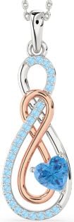 Large Swiss Blue Topaz & Aquamarine Rose Gold Silver Infinity Necklace