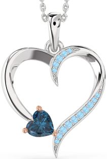 London Blue Topaz & Aquamarine White Rose Gold Heart Necklace