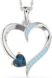 London Blue Topaz & Aquamarine Silver & 10K gold Heart Necklace