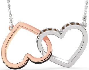 Large Black & Chocolate Brown Diamond Platinum & Rose Gold Heart Interlock Necklace