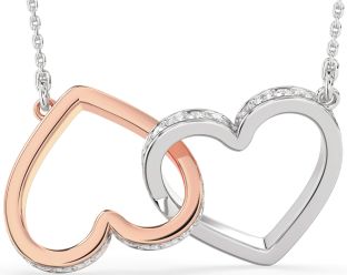Large Diamond Silver & 10K Rose Gold Heart Interlock Necklace