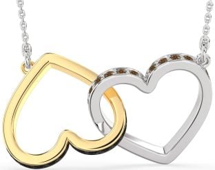 Large Black & Chocolate Brown Diamond Platinum & Yellow Gold Heart Interlock Necklace
