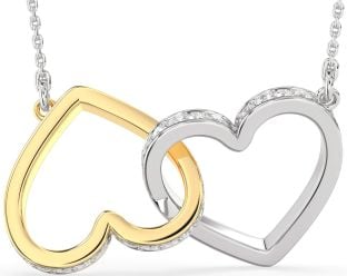 Large Diamond Silver & 10K gold Heart Interlock Necklace