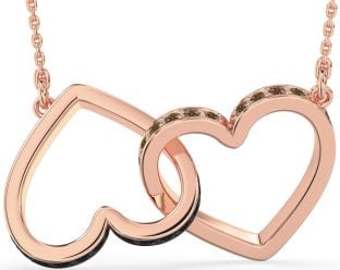 Large Black & Chocolate Brown Diamond Rose Gold Heart Interlock Necklace