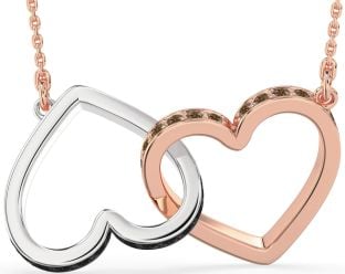 Large Black & Chocolate Brown Diamond Platinum & Rose Gold Heart Interlock Necklace
