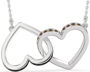 Large Black & Chocolate Brown Diamond White Gold Heart Interlock Necklace