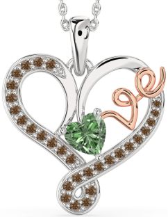 Green & Chocolate Brown Diamond White Rose Gold Heart Necklace
