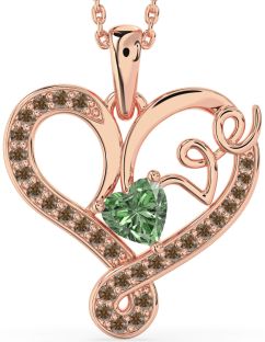 Green & Chocolate Brown Diamond Rose Gold Heart Necklace