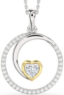 Large Diamond Silver & 10K gold Heart Circle Necklace