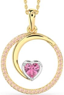 Large Pink Sapphire & Morganite Platinum & Yellow Gold Heart Circle Necklace
