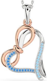 Swiss Blue Topaz & Aquamarine Platinum & Rose Gold Heart Infinity Bow Necklace