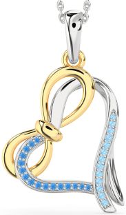 Swiss Blue Topaz & Aquamarine Platinum & Yellow Gold Heart Infinity Bow Necklace