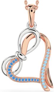 Swiss Blue Topaz & Aquamarine Platinum & Rose Gold Heart Infinity Bow Necklace