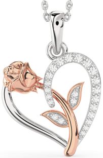 Diamond Silver & 10K Rose Gold Heart Flower Necklace