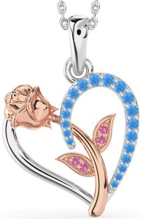 Swiss Blue Topaz & Pink Sapphire Silver & 10K Rose Gold Heart Flower Necklace
