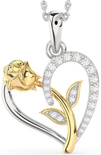 Diamond Silver & 10K gold Heart Flower Necklace