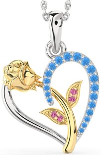 Swiss Blue Topaz & Pink Sapphire Platinum & Yellow Gold Heart Flower Necklace