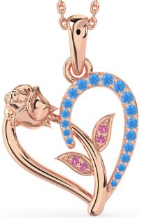 Swiss Blue Topaz & Pink Sapphire Rose Gold Heart Flower Necklace