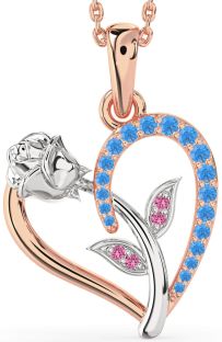 Swiss Blue Topaz & Pink Sapphire White Rose Gold Heart Flower Necklace