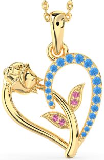 Swiss Blue Topaz & Pink Sapphire Gold Silver Heart Flower Necklace