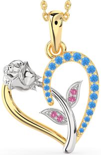 Swiss Blue Topaz & Pink Sapphire Platinum & Yellow Gold Heart Flower Necklace