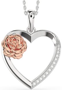 Large Diamond Silver & 10K Rose Gold Heart Flower Necklace