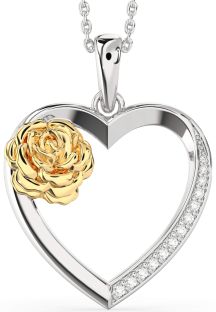 Large Diamond Silver & 10K gold Heart Flower Necklace