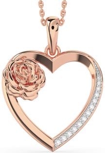 Large Diamond Rose Gold Heart Flower Necklace