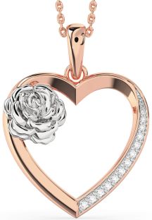 Large Diamond White Rose Gold Heart Flower Necklace