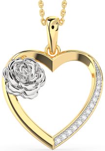 Large Diamond Platinum & Yellow Gold Heart Flower Necklace