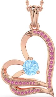 Aquamarine & Pink Sapphire Rose Gold Silver Heart Necklace