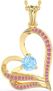 Aquamarine & Pink Sapphire Gold Heart Necklace