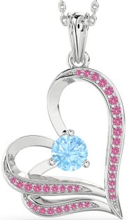 Aquamarine & Pink Sapphire Platinum Heart Necklace