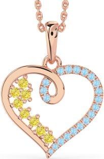 Yellow Diamond & Aquamarine Rose Gold Silver Heart Necklace