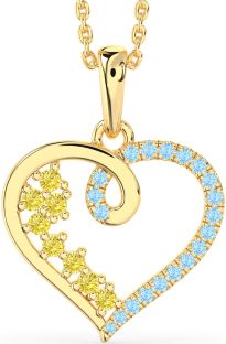 Yellow Diamond & Aquamarine Gold Silver Heart Necklace