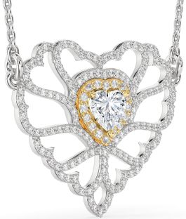 Large Diamond Silver & 10K gold Heart Necklace