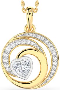 Diamond White Yellow Gold Circle Heart Necklace