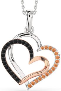 Large Black Diamond & Citrine Silver & 10K Rose Gold Heart Necklace