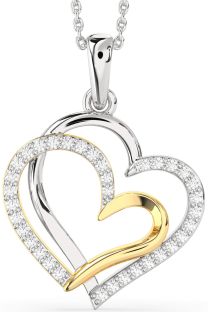 Large Diamond Silver & 10K gold Heart Necklace