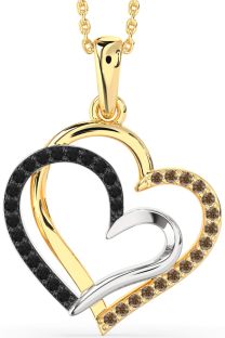 Large Black Diamond & Citrine Platinum & Yellow Gold Heart Necklace