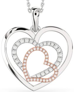 Large Diamond Silver & 10K Rose Gold Heart Necklace