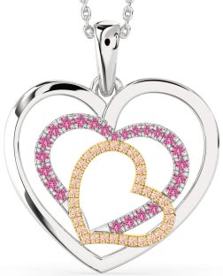Large Pink Sapphire & Morganite Silver & 10K gold Heart Necklace