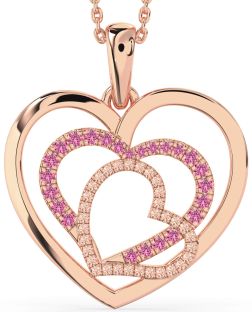 Large Pink Sapphire & Morganite Rose Gold Silver Heart Necklace