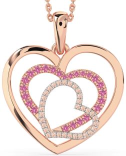 Large Pink Sapphire & Morganite Rose Gold Silver Heart Necklace