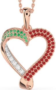 Emerald & Ruby Rose Gold Silver Heart Necklace