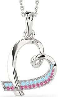 Aquamarine & Pink Sapphire Platinum Heart Necklace
