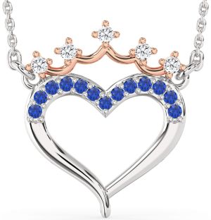 Diamond & Blue Sapphire Platinum & Rose Gold Heart Crown Necklace