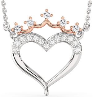 Diamond Silver & 10K Rose Gold Heart Crown Necklace