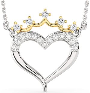 Diamond Silver & 10K gold Heart Crown Necklace
